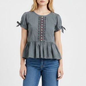 J Crew Blue Tie Sleeve Embroidered Peplum Top 4 Blue Needlepoint Peasant Women